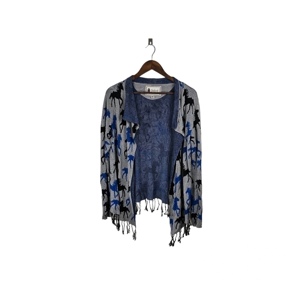 Outback Trading Company Black Blue Grey Horse Cardigan Sz M